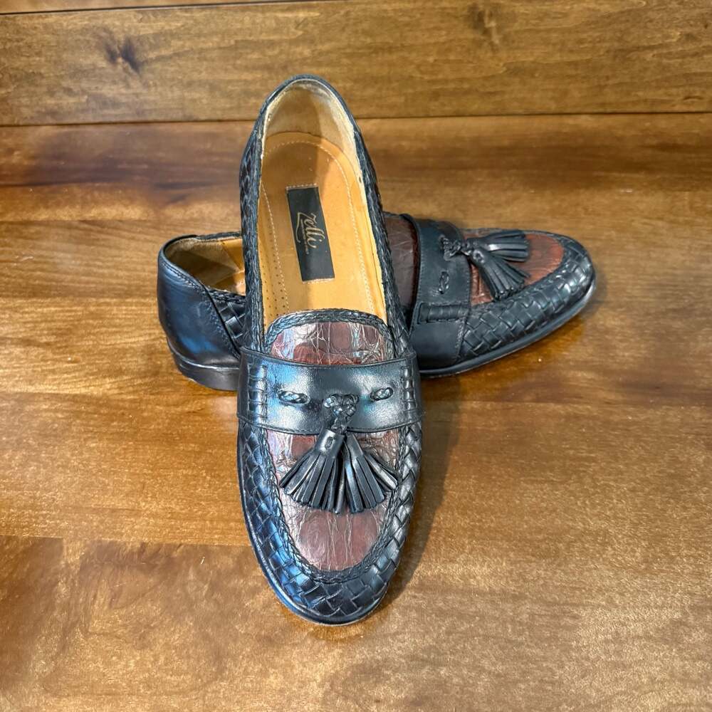 Zelli Handcrafted in Italy Genuine Crocodile Tassel Loafers Black Brown Size 8.5